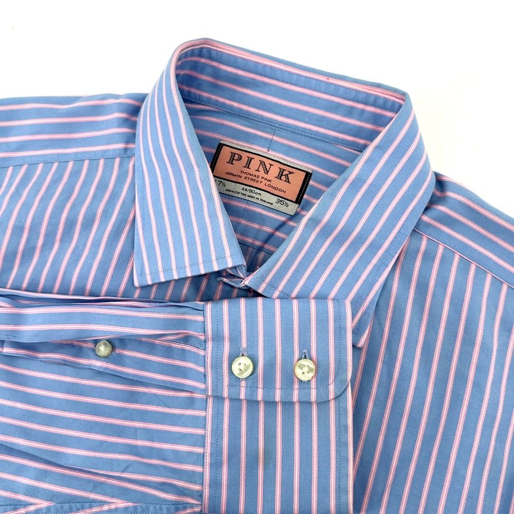 Thomas Pink Dress Shirt Mens 17.5 x 35.5 Blue Pink Stripe Regular Fit Jermyn